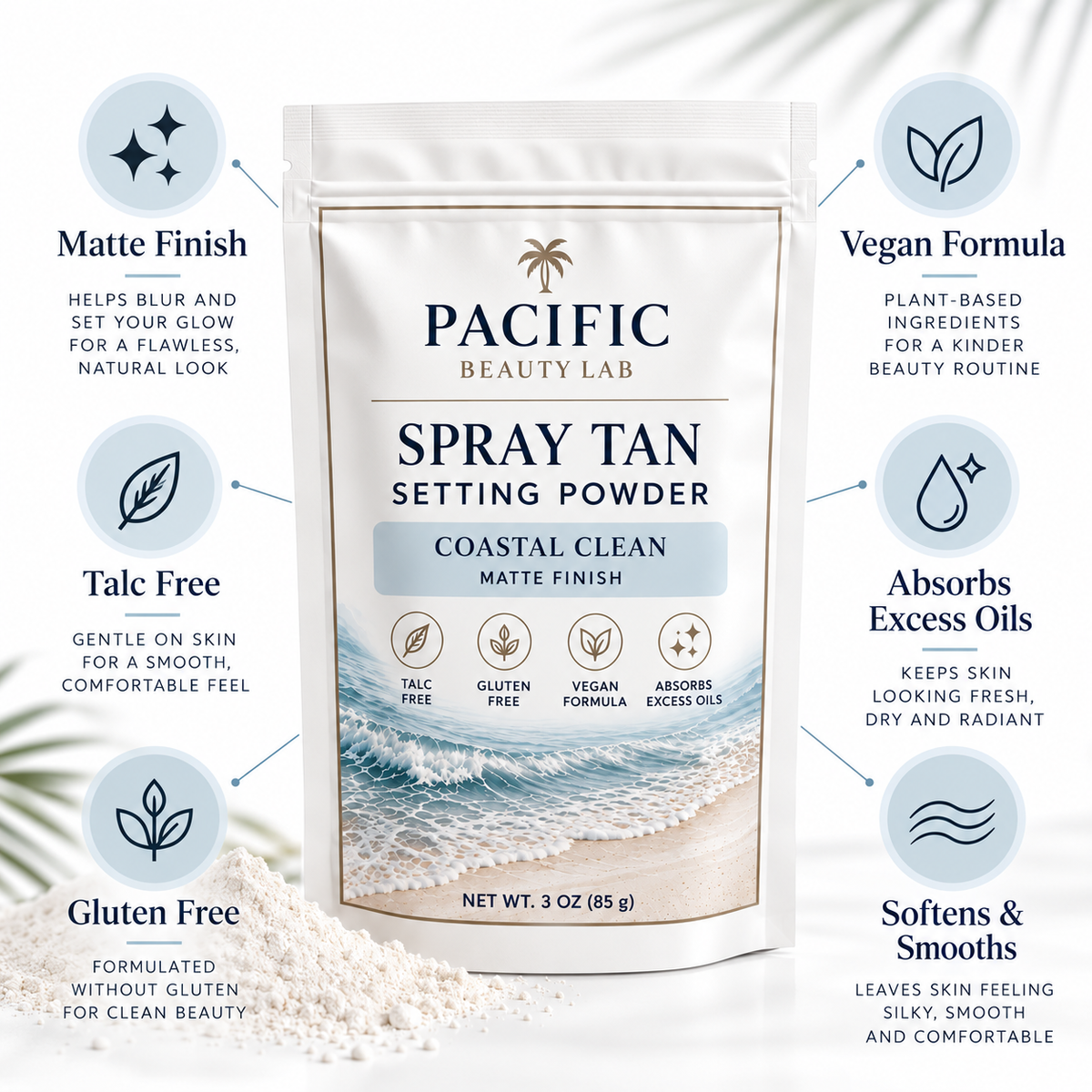 Pacific Beauty Lab Coastal Clean Spray Tan Setting Powder benefits including talc free, gluten free, vegan formula and matte finish