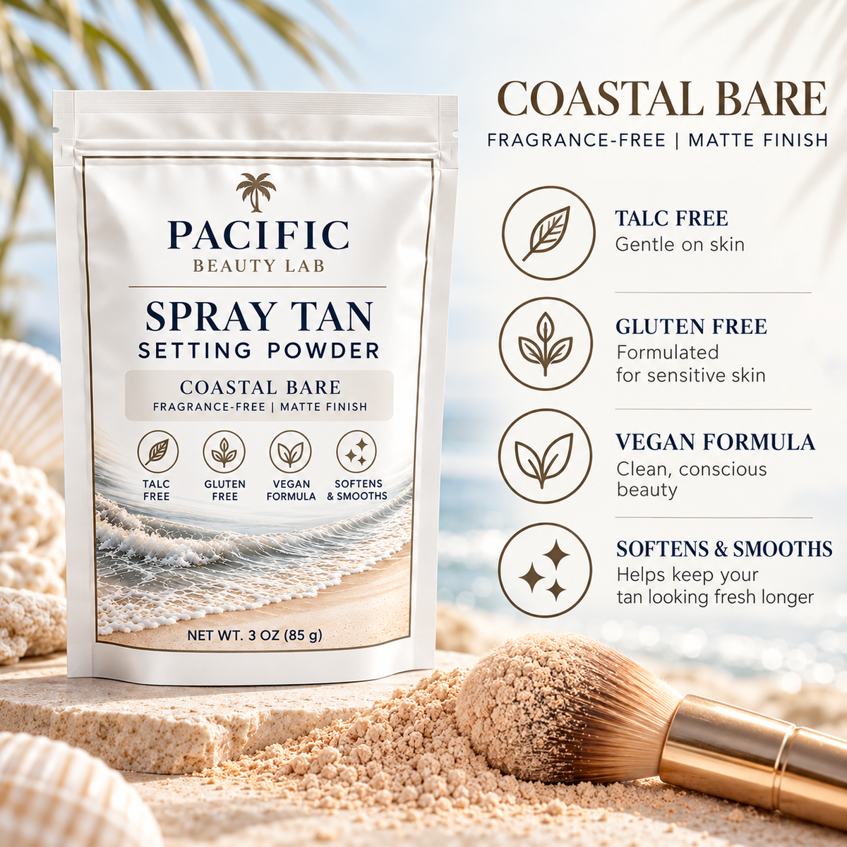 Pacific Beauty Lab Coastal Bare fragrance-free spray tan setting powder benefits including talc free, gluten free, vegan formula and softens and smooths