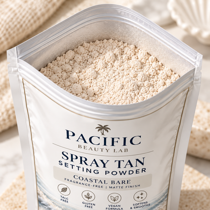 Open pouch of Pacific Beauty Lab Coastal Bare Fragrance-Free Spray Tan Setting Powder showing light neutral loose powder