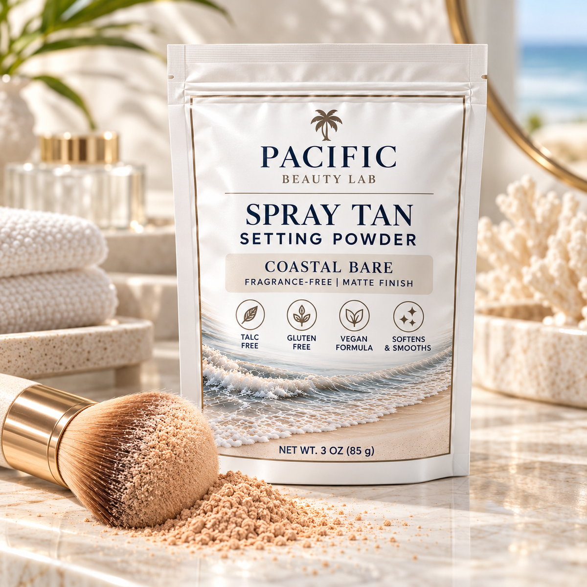 Pacific Beauty Lab Coastal Bare Spray Tan Setting Powder with makeup brush and light neutral powder in a bright coastal vanity setting