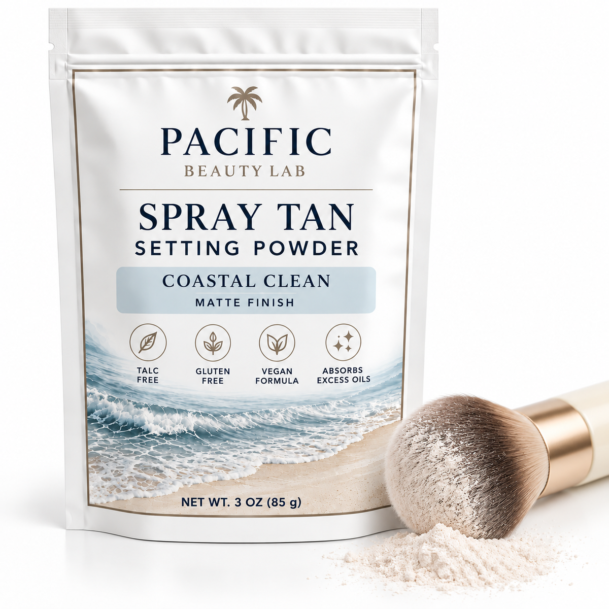 Coastal Clean Spray Tan Setting Powder with soft makeup brush and neutral loose powder