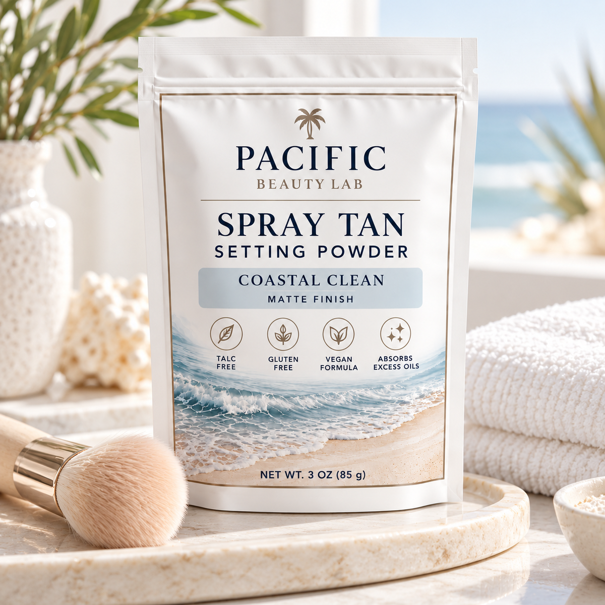 Pacific Beauty Lab Coastal Clean Spray Tan Setting Powder displayed in a bright coastal beauty setting
