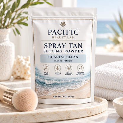 Pacific Beauty Lab Coastal Clean Spray Tan Setting Powder displayed in a bright coastal beauty setting