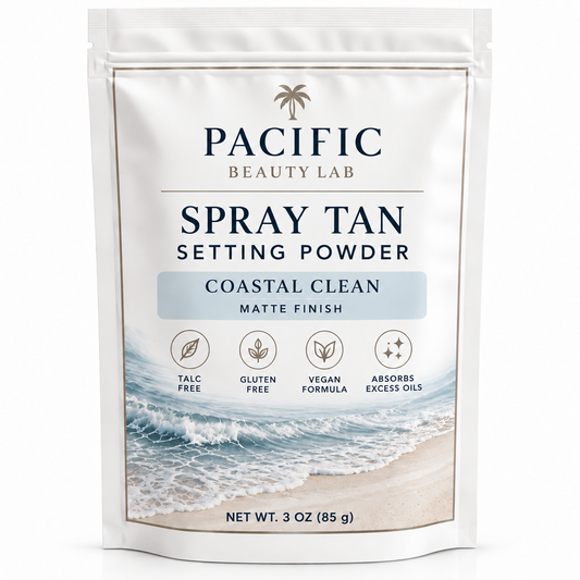 Pacific Beauty Lab Coastal Clean Spray Tan Setting Powder matte finish 3 oz pouch on white background