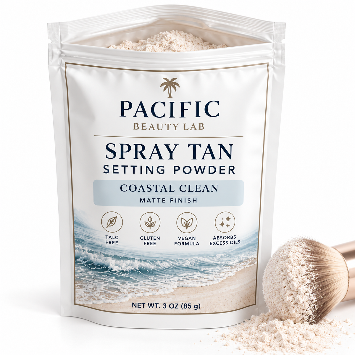 Coastal Clean Spray Tan Setting Powder 3 oz pouch with makeup brush and light neutral finishing powder