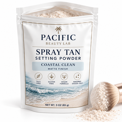Coastal Clean Spray Tan Setting Powder 3 oz pouch with makeup brush and light neutral finishing powder
