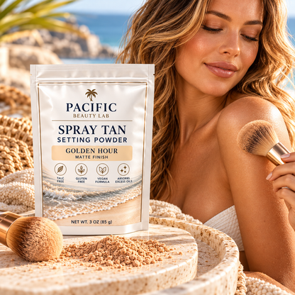 Pacific Beauty Lab Golden Hour Spray Tan Setting Powder held by model in a warm coastal lifestyle setting