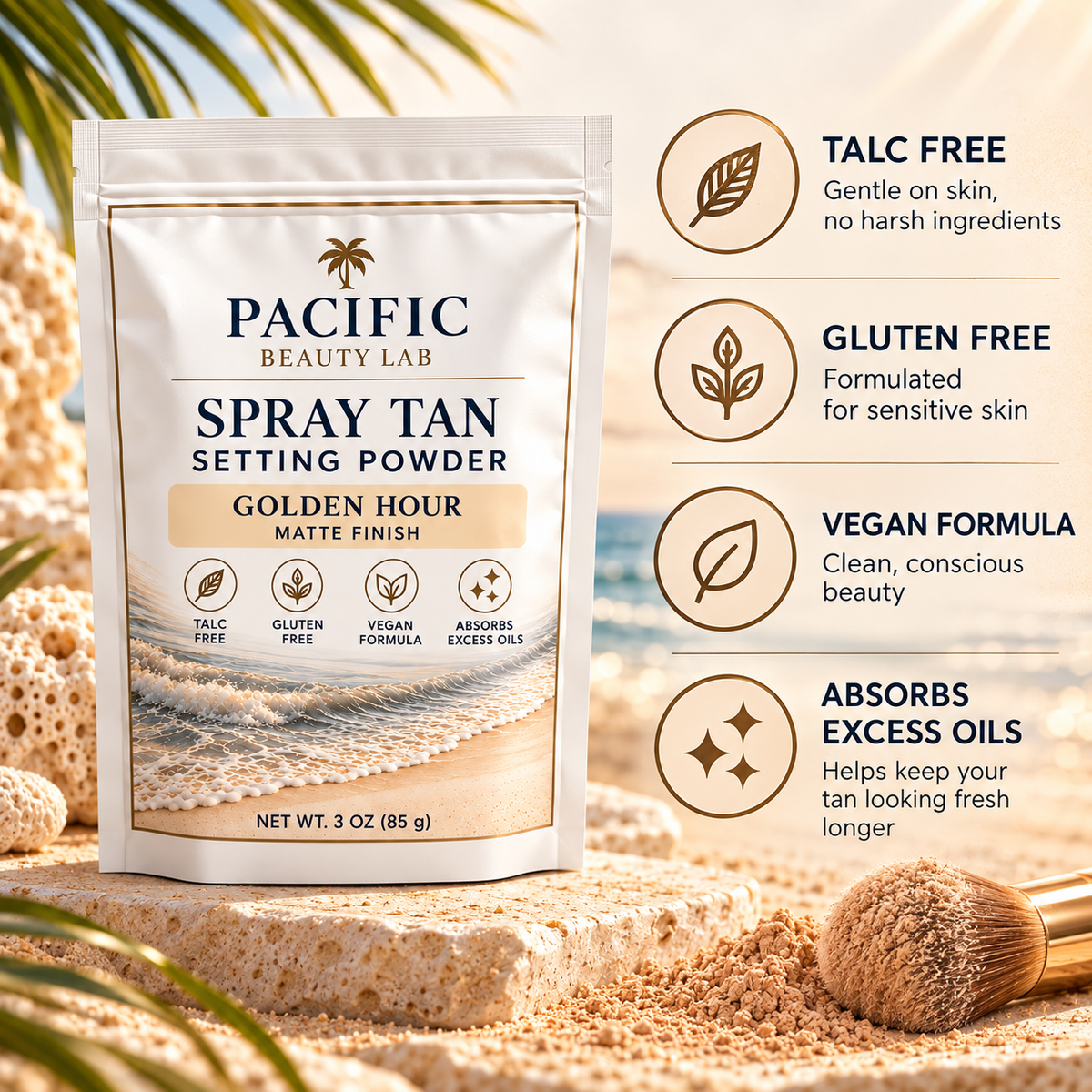 Pacific Beauty Lab Golden Hour Spray Tan Setting Powder benefits including talc free, gluten free, vegan formula and absorbs excess oils