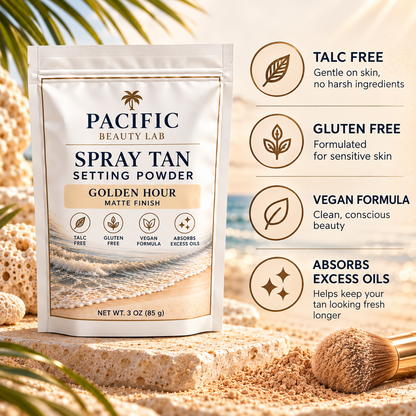Pacific Beauty Lab Golden Hour Spray Tan Setting Powder benefits including talc free, gluten free, vegan formula and absorbs excess oils