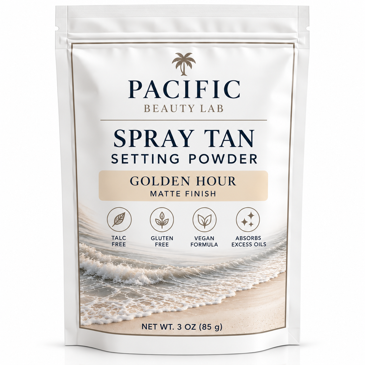 A 3 oz stand-up pouch of Pacific Beauty Lab Spray Tan Setting Powder in the Golden Hour Matte Finish shade, featuring a white and beige design with ocean wave imagery at the bottom.
