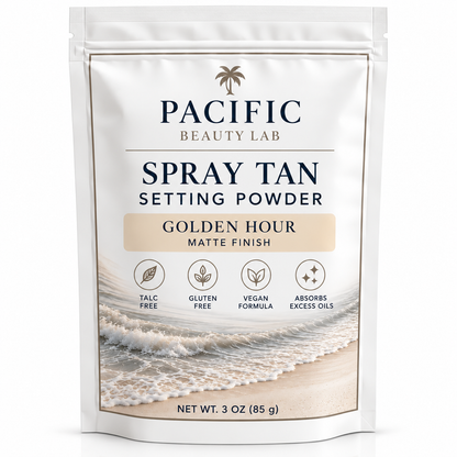 A 3 oz stand-up pouch of Pacific Beauty Lab Spray Tan Setting Powder in the Golden Hour Matte Finish shade, featuring a white and beige design with ocean wave imagery at the bottom.