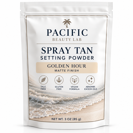 A 3 oz stand-up pouch of Pacific Beauty Lab Spray Tan Setting Powder in the Golden Hour Matte Finish shade, featuring a white and beige design with ocean wave imagery at the bottom.
