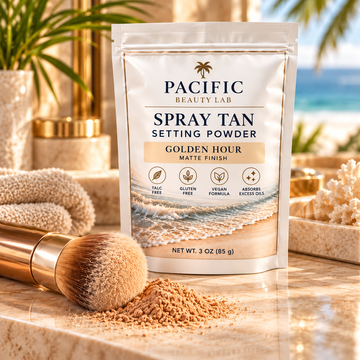 Pacific Beauty Lab Spray Tan Setting Powder in Golden Hour Matte Finish, shown in a stand-up pouch on a marble surface with a makeup brush, powder spill, and spa-style background elements.